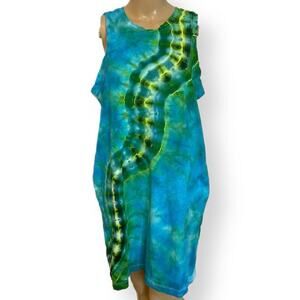 Hand tie dyed sleeveless dress green teal river path L